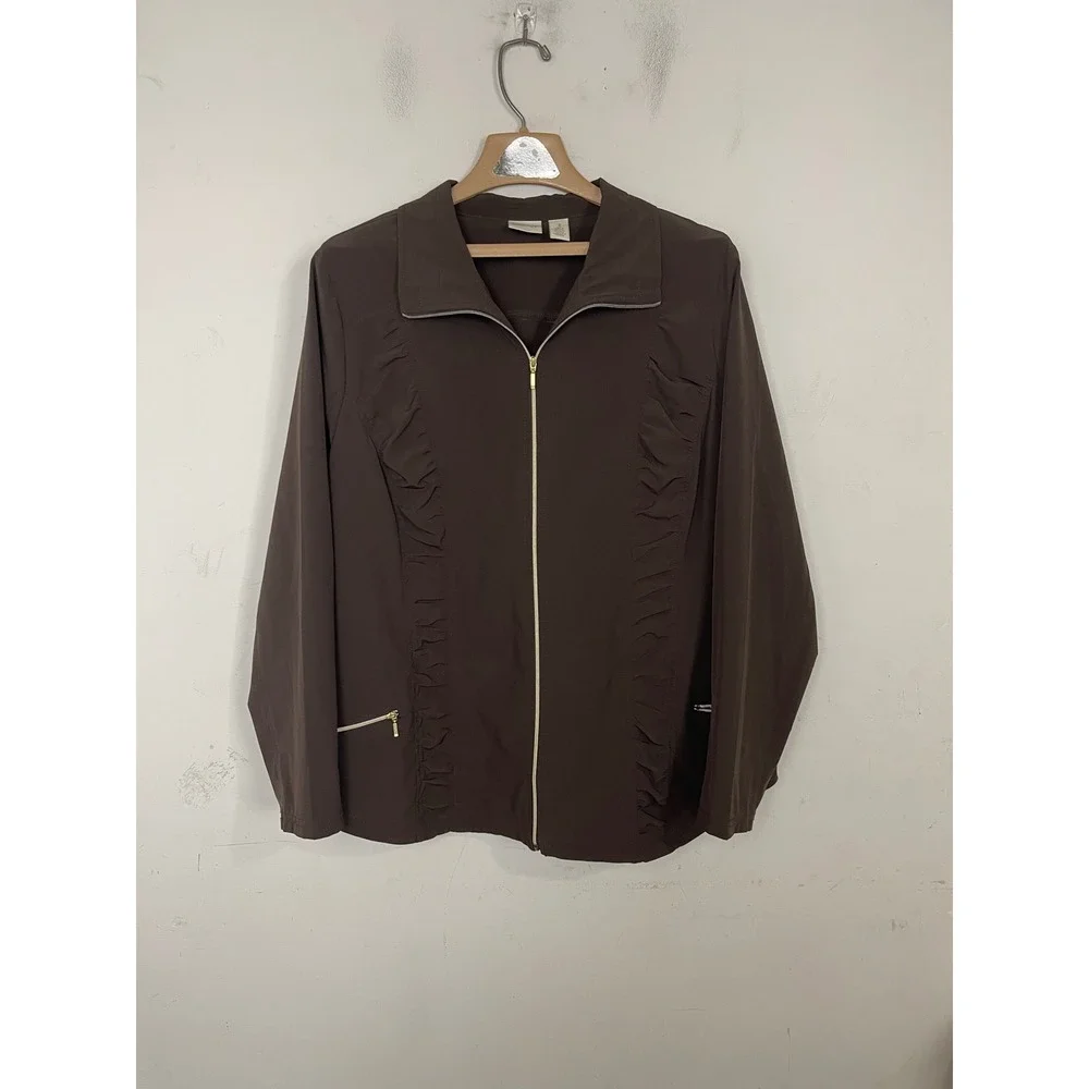 Chicos Zenergy Brown Ruffle Full Zip Jacket Womens Size‎ 3 Large XL Performance
